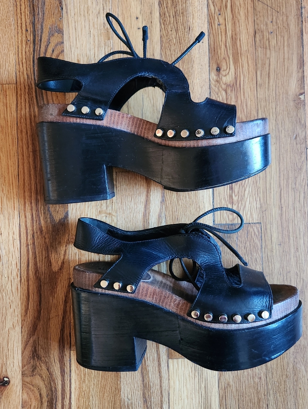 Balenciaga Leather Studded Wood Platform Chunky Heels